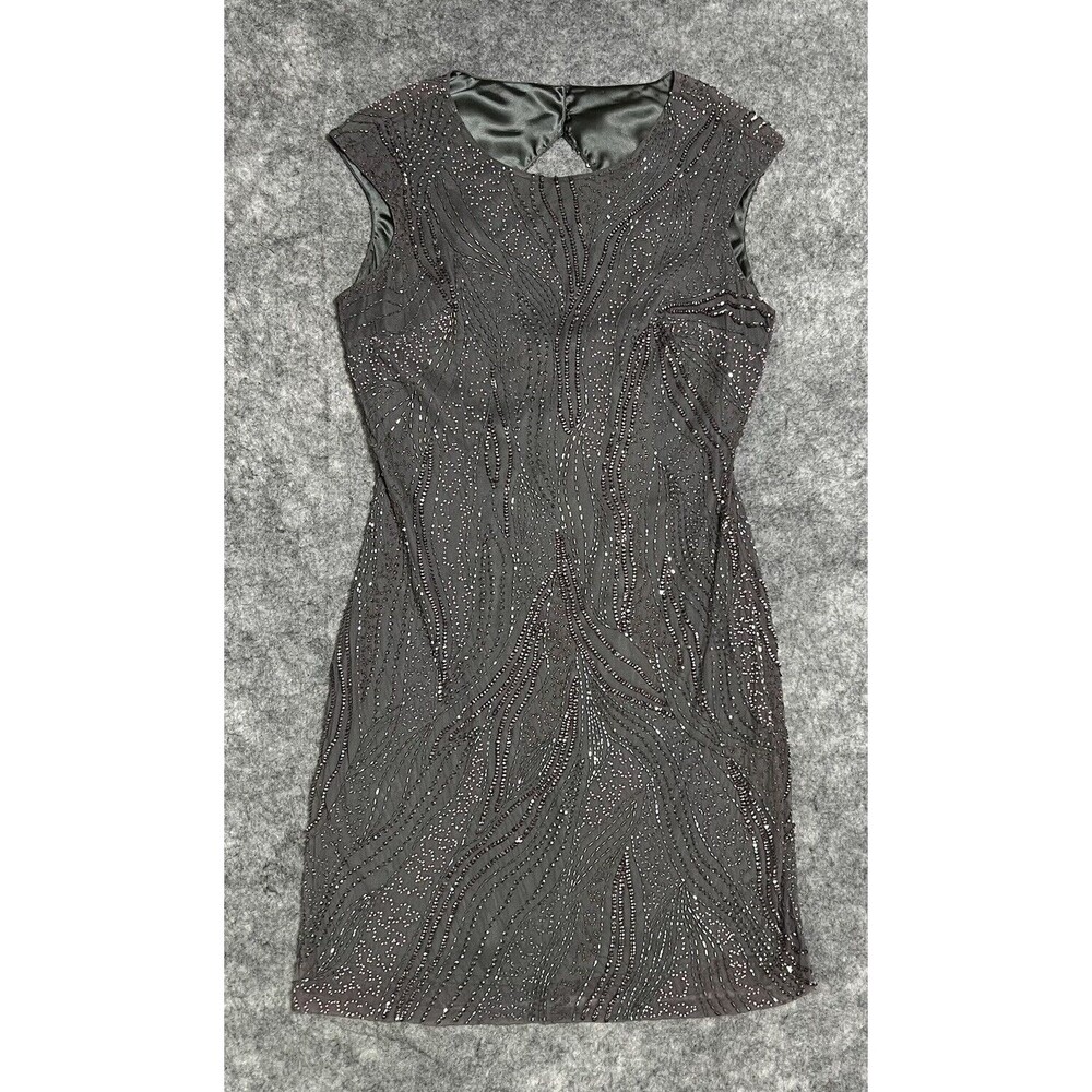Kay Unger Phoebe Beaded Sheath Dress Women's 10 Gray Formal Wedding Guest Lined